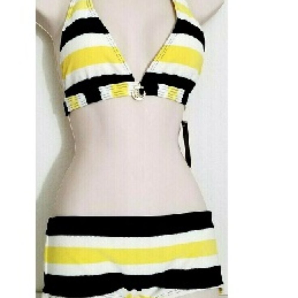 JUICY COUTURE 2PC NAUTICAL YELLOW NAVY STRIPE SWIMSUIT BOY SHORTS SZ S NWT